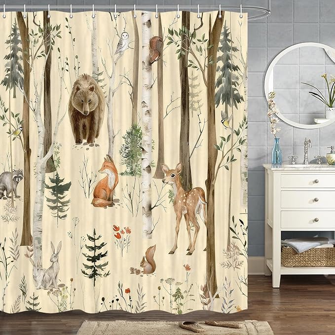 JAWO Rustic Forest Shower Curtains, Lodge Cabin Woodsy RV Shower Curtain, Wildlife Animals Woodland Campers Camping Bathroom Set with Hooks, 72X78 Inch, Yellow