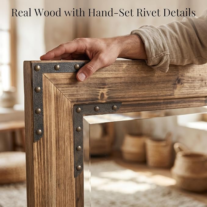 Rustic Brown 24x36 Inch Wood Bathroom Vanity Mirror, Rivets | Farmhouse style, beveled glass edge, rich weathered grain, single-sink bathrooms, hallways and cabin interiors