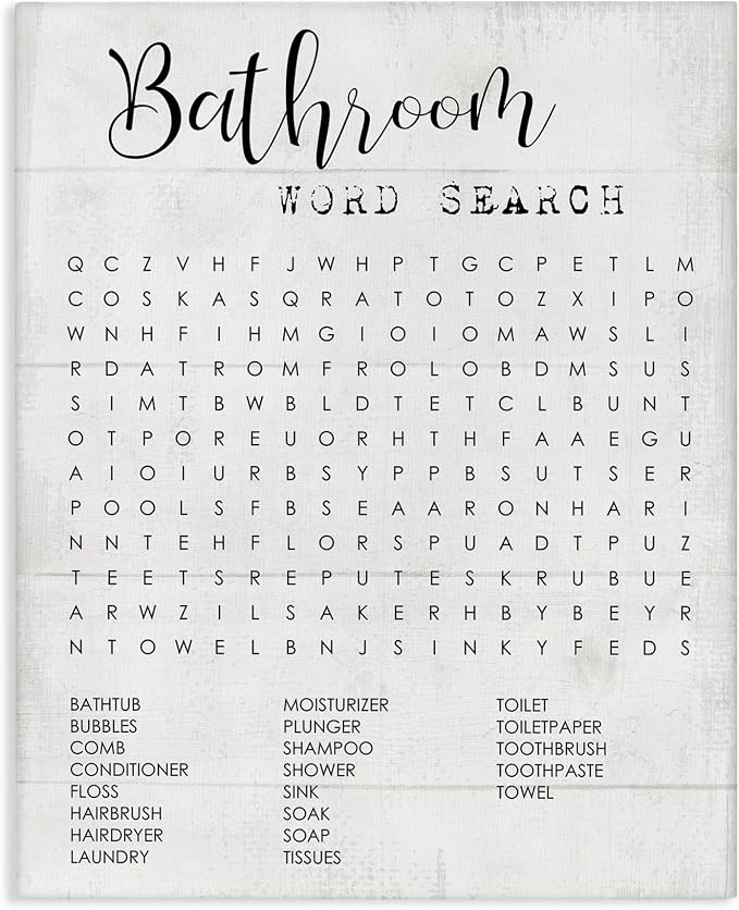 Bathroom Word Search Family Fun, 36 x 48 Inch Canvas Wall Art | Stupell Industries · By Lil' Rue · Ready to hang · Playful bath decor · Made in USA