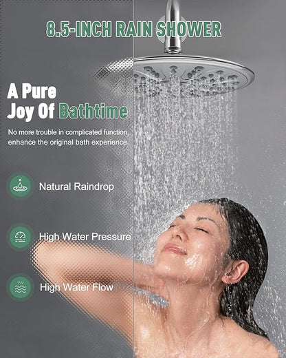 SunCleanse Rain Shower Faucet System - 8.5" Shower Head Combo with 7-Setting handheld Spray Complete Shower Set - Rainfall Shower Fixture with Valve and Trim Kit for Luxury Bathroom Polished Chrome