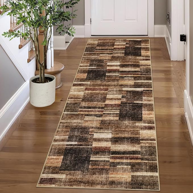 Washable Runner Rug 2x6 Non Slip Kitchen Rugs Modern Brown Indoor Entryway Rug Farmhouse Soft Bath Mat Stain Resistant Carpet for Bedroom Hallway Laundry 2'x6' Brown