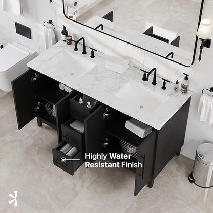Graham 60 in. Blackwood Double Sink Bath Vanity with Arabescato Engineered Stone Top and Undermount Porcelain Sinks