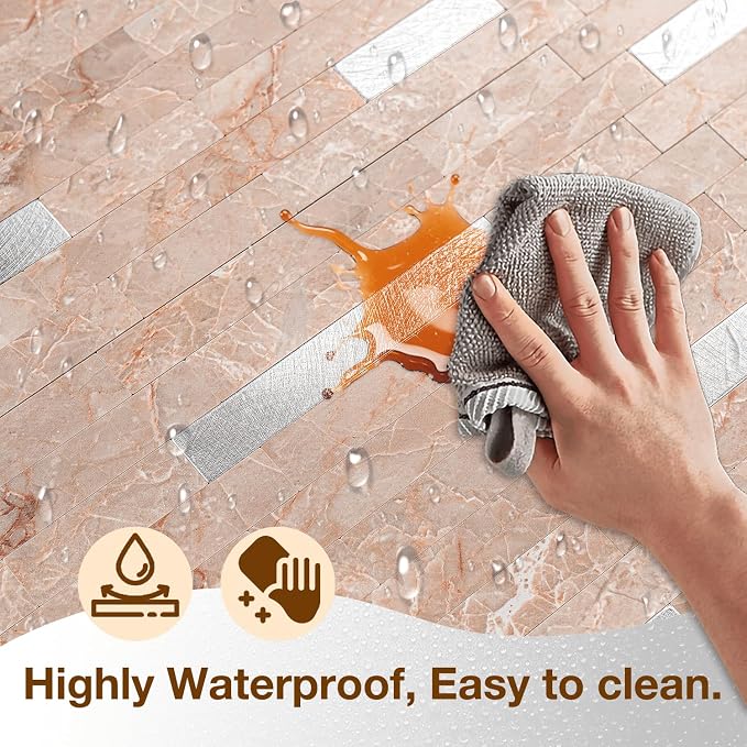 Peel and Stick Backsplash Tile Waterproof Removable PVC Wall Sticker 3D Faux Stone Marble Brick White Accent Panels (Pink Marble - Metal Silver, 40 Tiles - 18 sq. ft. (1.68 m²))