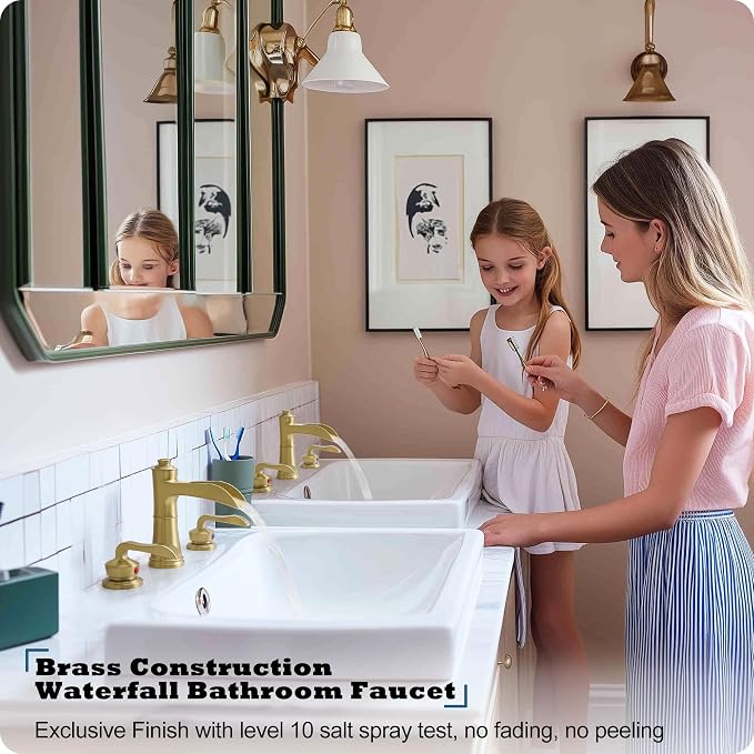 Brushed Gold 3 Hole Bathroom Faucet, 4-16 Inch Widespread Waterfall Faucet for Bathroom Sink with Pop-up Drain, Supply Water Hose and 2 Handle for Vanity, Brass