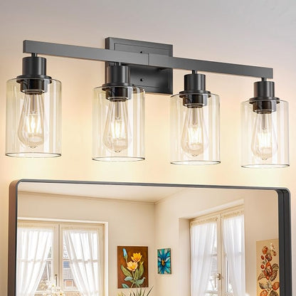 Hasipu Modern Bathroom Light Fixtures, 4 Light Black Vanity Lights | HD Clear Round Glass Shade, Durable Metal, Standard E26 Socket, Easy Installation, Farmhouse Bathroom Lighting