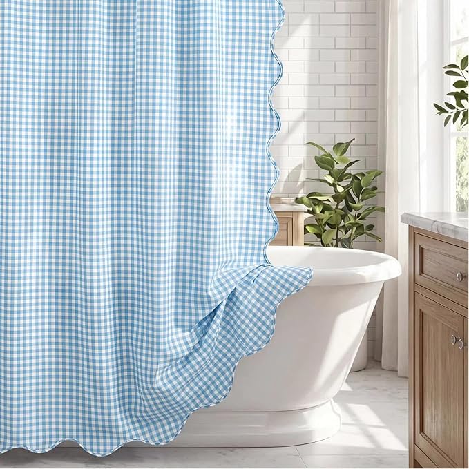 HunnmingRe Scalloped Gingham Shower Curtain Light Blue | 72'' x 72'' Vintage Farmhouse Curtain, Cotton Cottage Core Rural Checkered Plaid Decor, Fall Shower Curtain for Bathroom