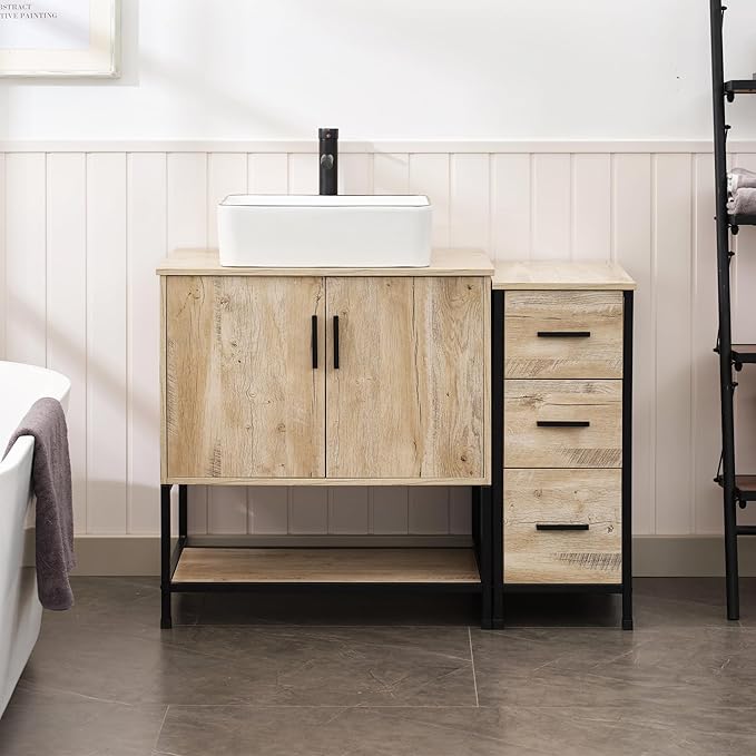 UEV 42" Rustic Oak Bathroom Vanity with Sink Combo,Industrial Iron Frame Bathroom Cabinet Sets with 3 Drawers Side Cabinet,Modern Artistic Ceramic Vessel Sink(031WH)