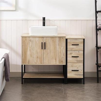 UEV 42" Rustic Oak Bathroom Vanity with Sink Combo,Industrial Iron Frame Bathroom Cabinet Sets with 3 Drawers Side Cabinet,Modern Artistic Ceramic Vessel Sink(031WH)
