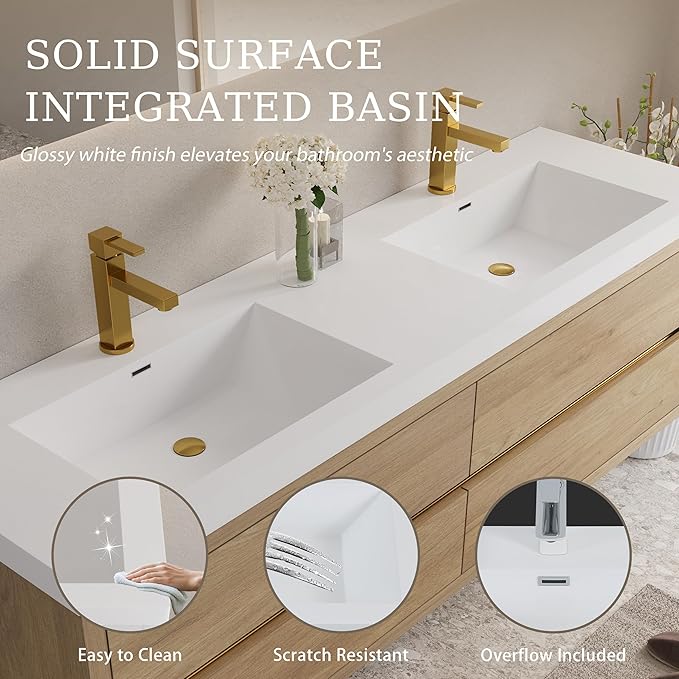 72" Wall-Mounted Bathroom Vanity with Sink | Waterproof Coating, 4 Drawers Floating Cabinet | Stone Resin Countertop & Soft Close Drawers | Modern Storage Solution, Natural Oak