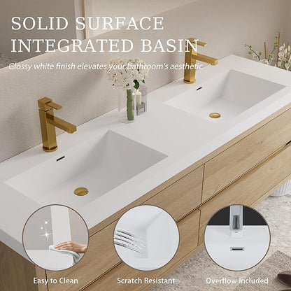 Abruzzo 72" Natural Oak Wall-Mounted Bathroom Vanity with Double Sink – Stone Resin Countertop & Soft-Close Drawers, Waterproof Wood Cabinet for Bathrooms