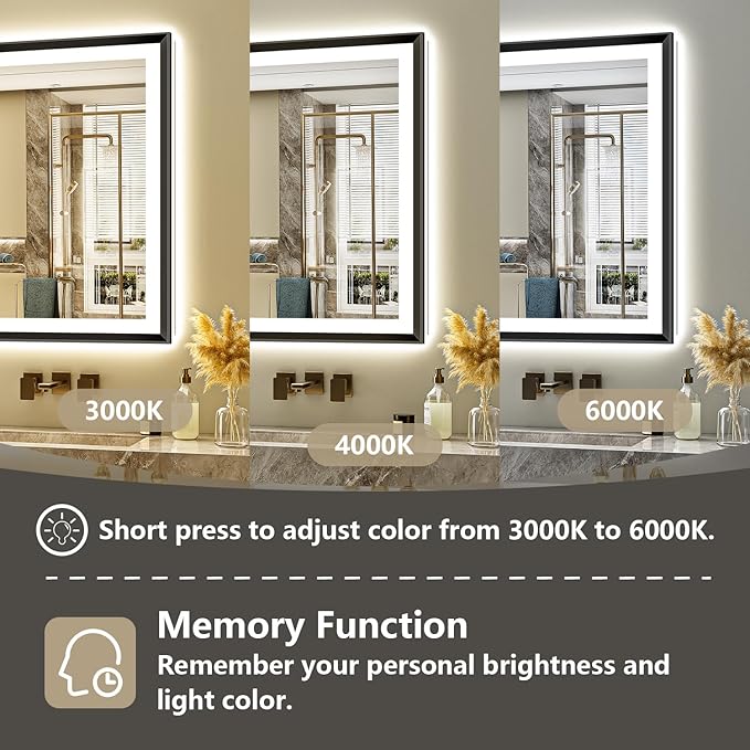 24x32 Black Framed LED Bathroom Mirror with Lights, Backlit and Front Light, Lighted Bathroom Vanity Mirror for Wall Dimmable Anti-Fog Memory Tempered Glass Horizontal/Vertical