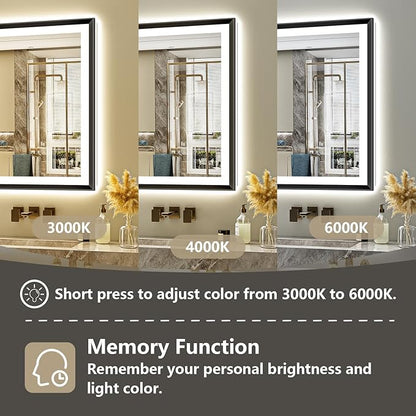 40x32 Black Framed LED Bathroom Mirror with Lights, Backlit and Front Light, Lighted Bathroom Vanity Mirror for Wall Dimmable Anti-Fog Memory Tempered Glass Horizontal/Vertical