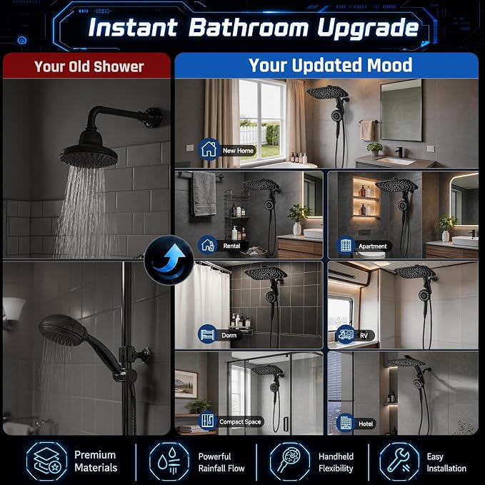 Veken 14" Luxurious Shower Head with Handheld,Full Body Coverage,Power Wash | Magnetic Hand Held,Best Dual Rain Shower Heads Combo,Large Rainfall,Double Detachable Showerhead,Ducha Para Baño,Matte Black