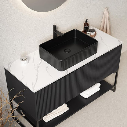 Ambrovina 48-inch Bathroom Vanity with Vessel Sink, Freestanding Bathroom Storage Cabinet with 3 Doors and Open Shelf, Rectangular Ceramic Basin and Carrara White Sintered Stone Countertop, Black