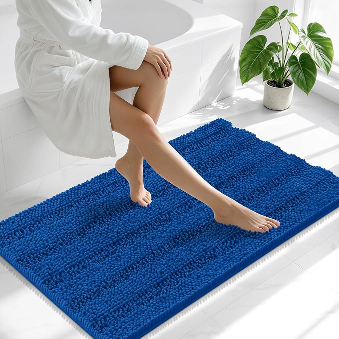 Smiry Thick Chenille Bathroom Runner Rugs 44x24, Bath Mat, Deep Navy Blue | Quick‑Dry & Machine Washable, Non‑Slip Bath Carpet, Soft Striped Bath Rugs for Tub & Shower, Modern Home Decor Accessories