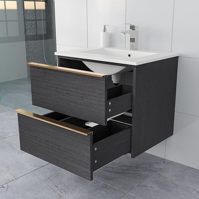 24 Inch Bathroom Vanity with Sink, Floating Vanity Bathroom, Modern Wall Mount Bathroom Cabinet, Double Drawers, Gold Handle, Suitable for All Kinds of bathrooms (Without Sink, 24")
