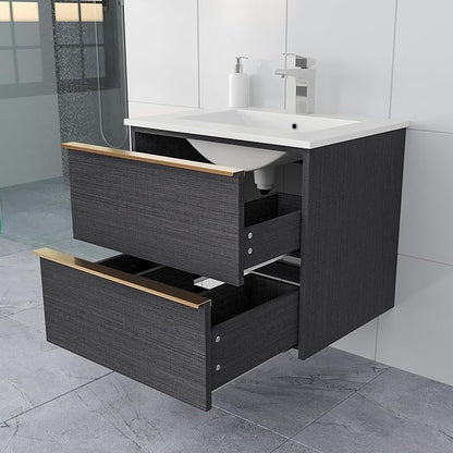 24 Inch Bathroom Vanity with Sink, Floating Vanity Bathroom, Modern Wall Mount Bathroom Cabinet, Double Drawers, Gold Handle, Suitable for All Kinds of bathrooms (with Sink, 24")