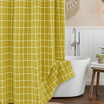 Fabric Farmhouse Shower Curtain-Extra Long Shower Curtains Bathroom Gold | 72"Wx84"L Faux Linen Grid Minimalist Simple Rustic Neutral Shower Curtain Decor-Cloth Geometric Plaid Washable Hotel Quality