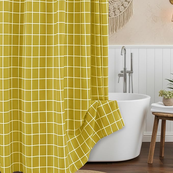 Gold Shower Curtains for Bathroom-Fabric Modern Farmhouse Shower Curtain | 70"Wx72"L Faux Linen Grid Minimalist Simple Rustic Neutral Guest Bathroom Decor-Cloth Geometric Plaid Washable Hotel Quality