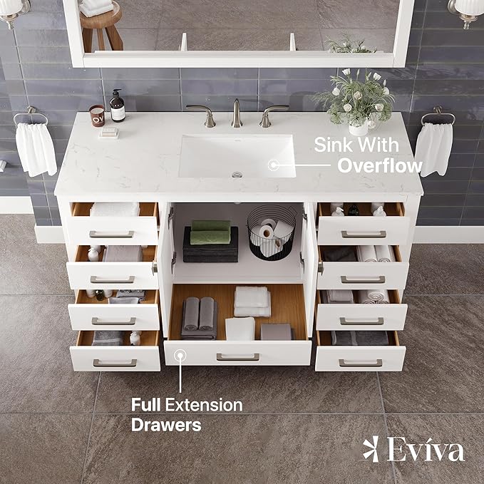 Eviva Aberdeen 60 in. White Single Sink Bath Vanity with Carrara Quartz Top and Undermount Porcelain Sink