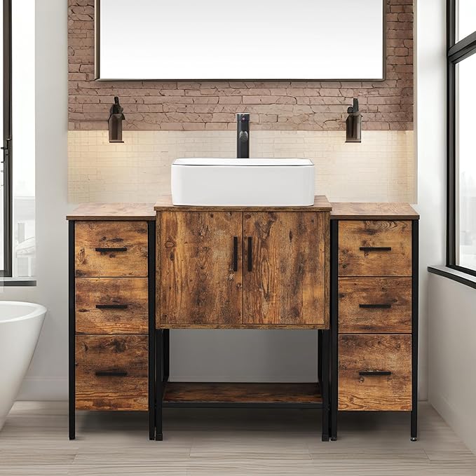 UEV 48" Rustic Brown Bathroom Vanity with Sink Combo,Industrial Iron Frame Bathroom Cabinet Sets with Double 3 Drawers Side Cabinet,Modern Artistic Ceramic Vessel Sink(031WH)