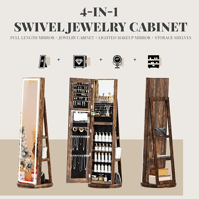 Mirror Jewelry Cabinet Standing, Jewelry Armoire | with Full-Length LED Mirror and Adjustable Lights, 360° Swivel Jewelry Organizer Storage