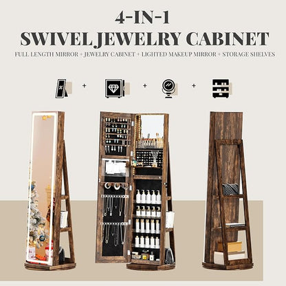 Mirror Jewelry Cabinet Standing, Jewelry Armoire | with Full-Length LED Mirror and Adjustable Lights, 360° Swivel Jewelry Organizer Storage
