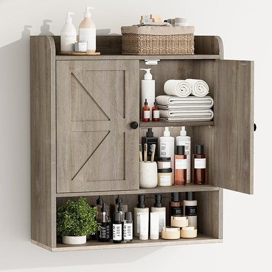 EasyCom 22" W x 26" H Bathroom Wall Cabinet, Farmhouse Medicine Cabinet with Adjustable Shelves and Double Barn Doors, Over The Toilet Storage Cabinet for Bathroom, Kitchen, Living Room, Oak Grey