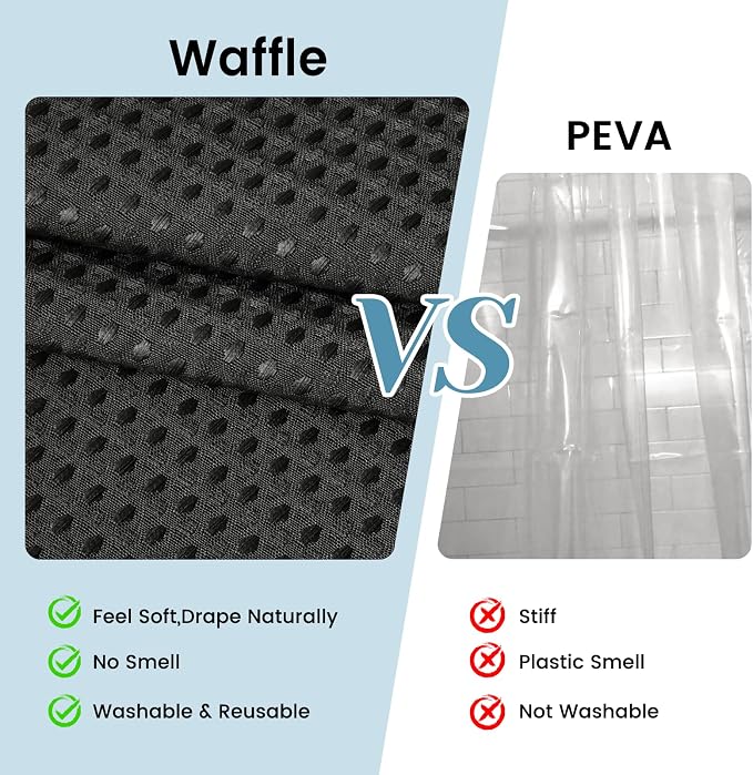 SORTTO No Hook Shower Curtain with Snap in Liner Set Waffle Shower Curtain for Bathroom Hotel Style Fabric Waterproof Inner Liner，71" W x 80" H, Black
