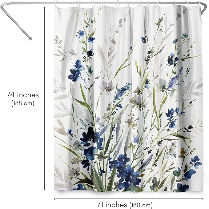 Americanflat 71x74 Floral Shower Curtain - Water-Resistant Long Shower Curtain with Durable Metal Grommets and 12 Hooks - 100% Polyester - Botanical Bathroom Curtains - Blue, Green, Taupe and White