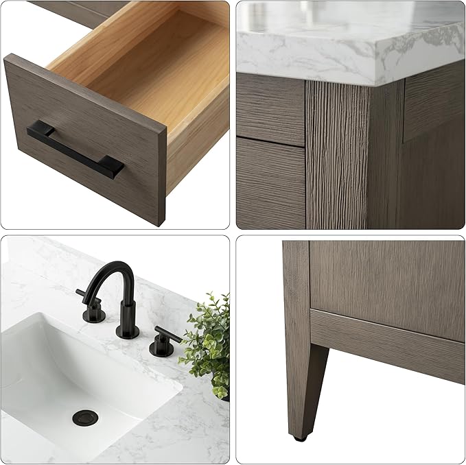 HomeBeyond 36 Inch Bathroom Vanity with Sink & Ceramic Top, Single Vanity Cabinet with Basin, Soft-Closing Doors & Matte Black Hardware, Driftwood Gray