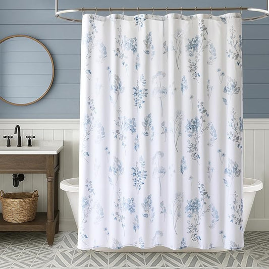 Light Blue and White Coastal Floral Shower Curtain,Waterproof Cute Grandma Core Grandmillennial Flower Fabric Shower Curtains for Bathroom with Hooks 72x72 Blue and Gray