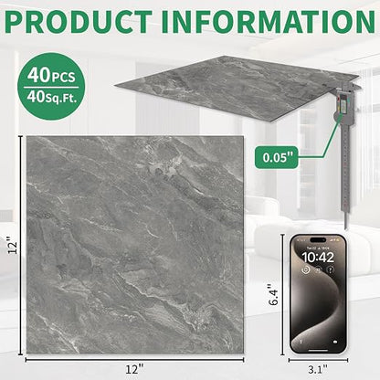 40-Pack Peel & Stick Floor Tiles 12 x 12 inch Vinyl Floor Self Adhesive Waterproof Flooring Planks DIY for Bathroom, Kitchen, Living Room, RV, Cover 40 Sq. Ft, Dark Grey Marble