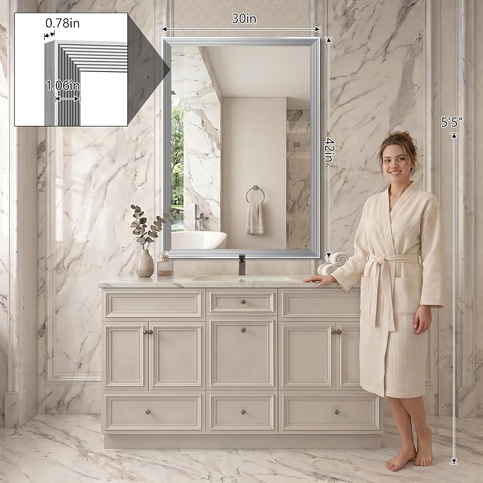 DESBING 30"x42" Silver Bathroom Mirrors for Over Sink | Tempered Glass, Metal Frame, Rectangle Vanity Wall Mirror for Bathroom, Living Room, Bedroom, Horizontally or Vertically