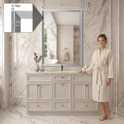 DESBING 30"x42" Silver Bathroom Mirrors for Over Sink | Tempered Glass, Metal Frame, Rectangle Vanity Wall Mirror for Bathroom, Living Room, Bedroom, Horizontally or Vertically