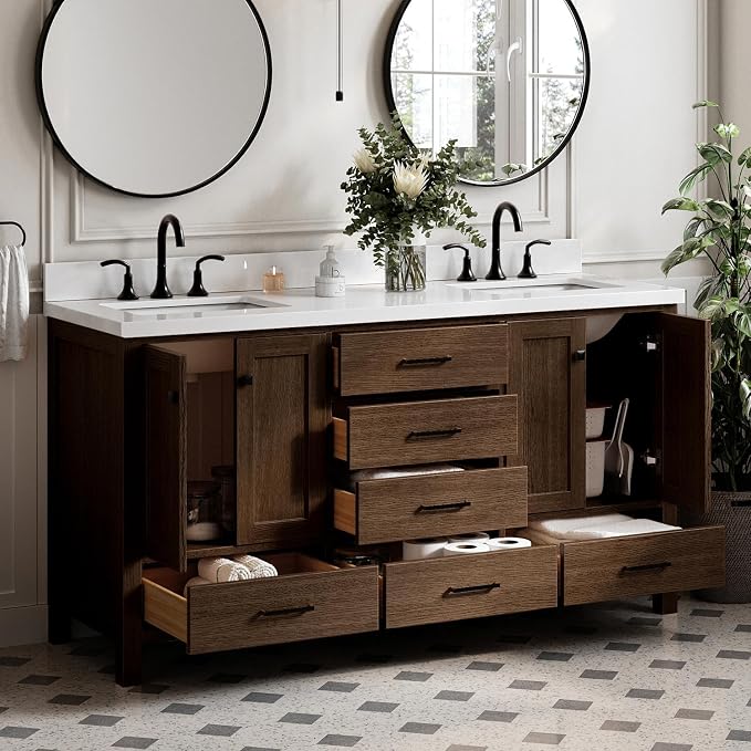 ARIEL Cambridge 66-inch Bathroom Vanity with Sink,Solid Wood, 1.5-inch Pure White Quartz Countertop, Double Rectangular Porcelain Sink, 4 Soft Closing Doors, 6 Dovetail Drawers, Brown Oak