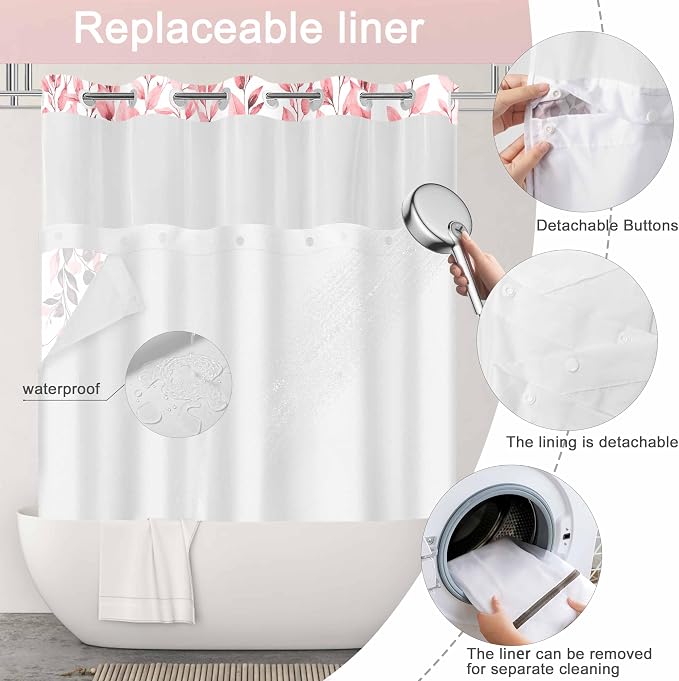 No Hook Shower Curtain and Liner Set, Pink Eucalyptus 71x77 | Floral Design, with Snap in Liner, See-Through Top Window, Waterproof, Machine Washable, Quick-Drying, for Hotel Bathroom