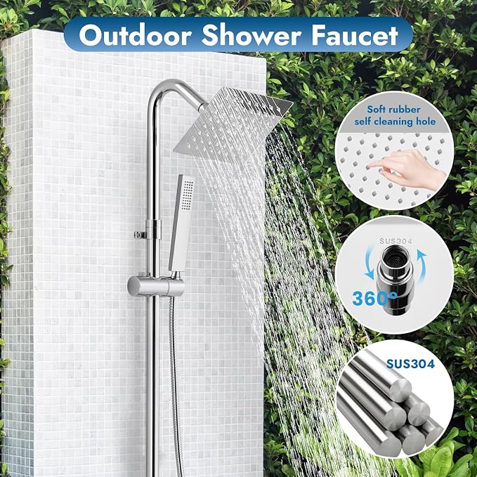 Wall Mounted Outdoor Shower Kit,Outdoor Shower Faucet,Polish Chrome | 6-Inch Square Rainfall Shower Head with Handheld Spray, Adjustable Slide Bar & Dual Function Design for Flexible Outdoor Use