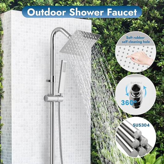 Wall Mounted Outdoor Shower Kit,Outdoor Shower Faucet,Polish Chrome | 6-Inch Square Rainfall Shower Head with Handheld Spray, Adjustable Slide Bar & Dual Function Design for Flexible Outdoor Use