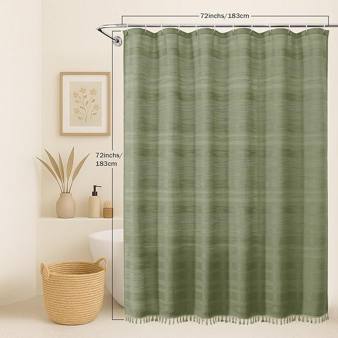 Sage Green Shower Curtain for Bathroom, Boho Linen Textured Shower Curtain with Tassel, Rustic Striped Heavy Duty Vintage Country Bathroom Curtain, 72Wx72L Inches