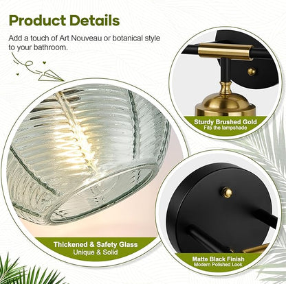 Bathroom Light Fixtures, 3-Light Green Vanity Lights with Unique Leaf Texture Glass Shade, Modern Matte Black and Gold Bathroom Wall Lamp for Mirror Hallway Cabinet Living Room