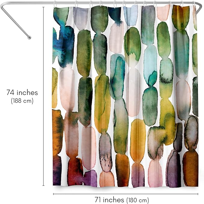 Americanflat 71x74 Oval Pattern Shower Curtain - Water-Resistant Long Shower Curtain with Metal Grommets and 12 Hooks - 100% Polyester - Olive Green, Teal, Yellow, Blush Pink, Plum and Burnt Orange