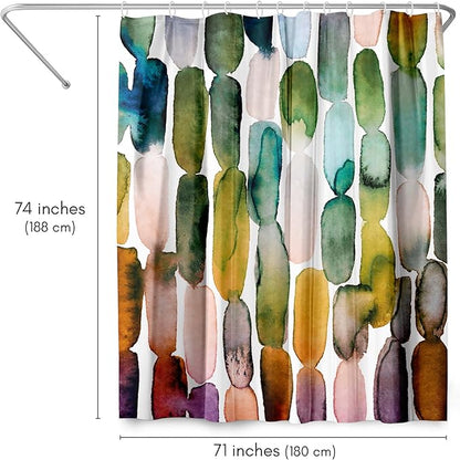 Americanflat 71x74 Oval Pattern Shower Curtain - Water-Resistant Long Shower Curtain with Metal Grommets and 12 Hooks - 100% Polyester - Olive Green, Teal, Yellow, Blush Pink, Plum and Burnt Orange