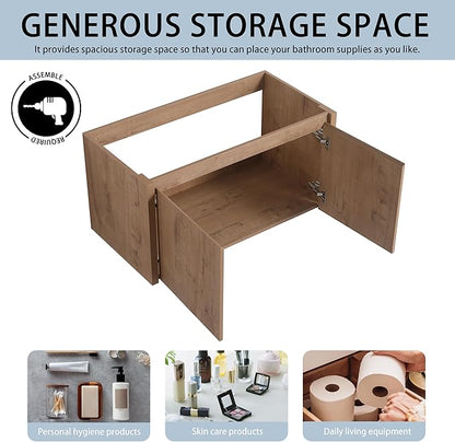 36" Floating Bathroom Vanity,36 Inch Bathroom Vanity Without Top Sink,Modern Floating Vanity Cabinet,Brown Wall Mounted Cabinet with Soft Closing Doors,Plywood(Sink Basin Not Included)