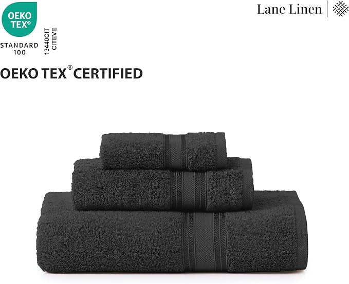 LANE LINEN Large Bath Towel Set Absorbent Quick Dry 100% Cotton - Black | Cotton Towels - Fade-Resistant Color, Classic Terry Weave, Densely Woven, Coordinated Colors, Everyday Durability