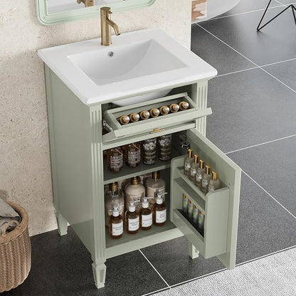GDFStudio Hawthorne 20" Modern Bathroom Vanity with Sink, Freestanding Bathroom Vanity Organizer with Tilt Out Drawer, Adjustable Shelf and Solid Wood Legs, Single Sink Bathroom Vanity, Green