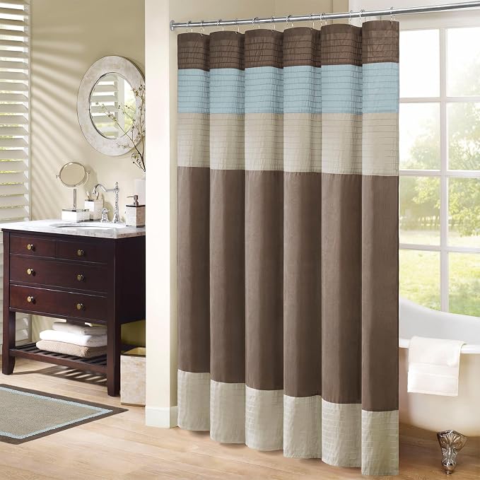 Madison Park Amherst Bathroom Shower Curtain Faux Silk Pieced Striped Modern Microfiber Bath Curtains, 72x72" Inches, Blue | Modern Classic, Light Sheen, Pieced, Striped, Microfiber, Machine Washable, OEKO-TEX Certified, Amherst