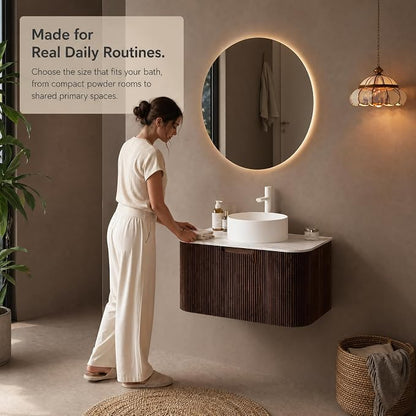 30 Inch Bathroom Vanity with Sink, Floating Wall Mounted Single Sink Vanity, Dark Walnut Curved Fluted Front, Stone Top, Pure White Round Vessel Basin, Pre-Assembled