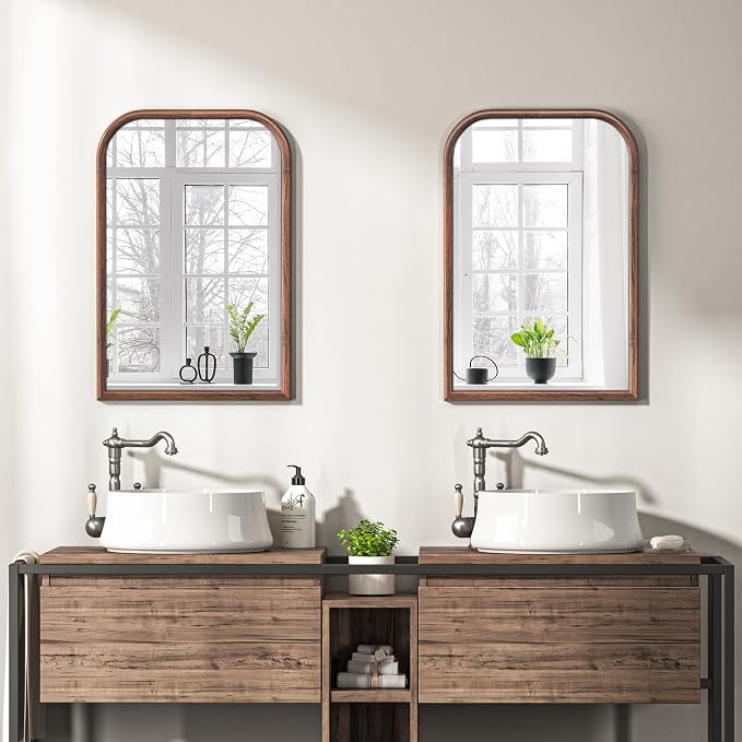 20"x30" Arch Wall Mirror for Wall, Wall Mounted Vanity Mirror for Bedroom, Wood Grain Finish Frame Mirror with Tempered Glass, Vintage Decorative for Bathroom, Entryway, Living Room, Walnut