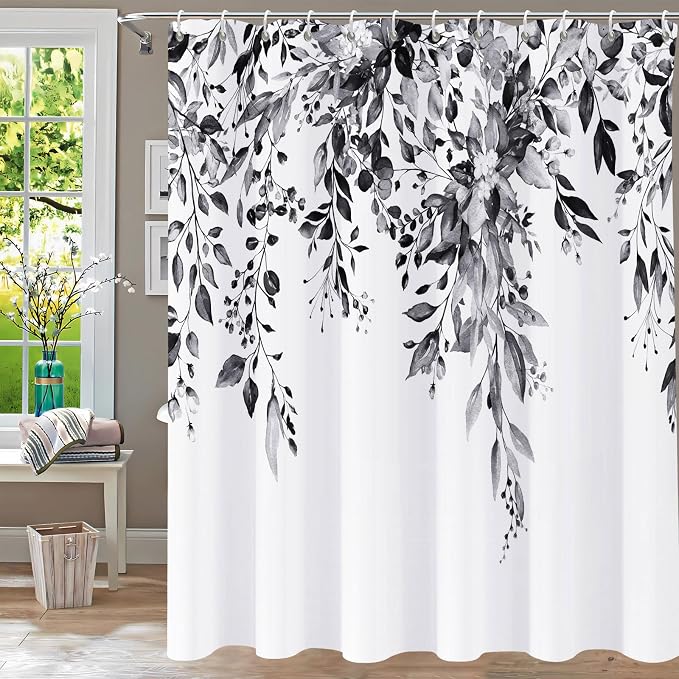 Shower Curtain Black and White Shower Curtains for Bathroom,Watercolor Leaf Shower Curtain Sets Waterproof Plant Eucalyptus Shower Curtain Leaves Bathroom Curtains 72x72 in with Hooks